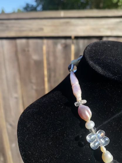 Spiky Pearl with Shell & Clear Quartz Chainmail Necklace