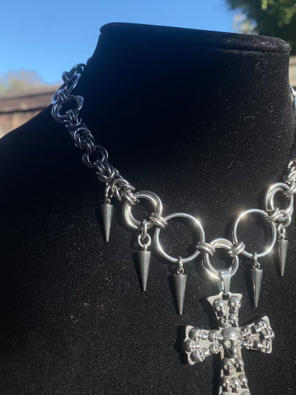 Stainless Steel Chainmail Spike Skull Cross Necklace 