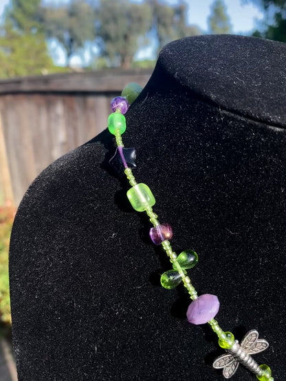 Dragonfly Green Heart & Purple Necklace