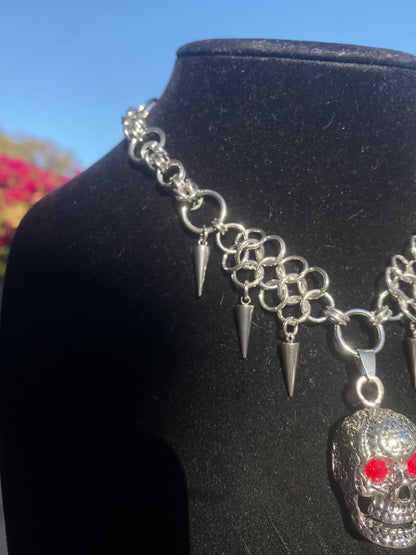 Stainless Steel Chainmail Spike Skull Necklace 