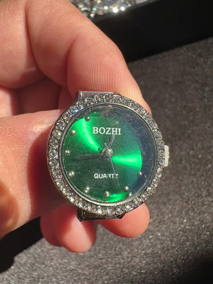 Metallic Green Studded Silver Ring Watch